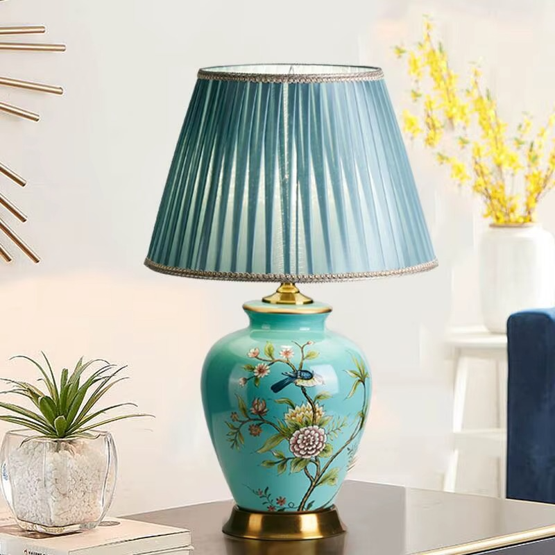 Bedroom Retro Flower And Bird Ceramic Table Lamp Living Room European-style Room Decoration Lighting Remote Control Desk Lamp